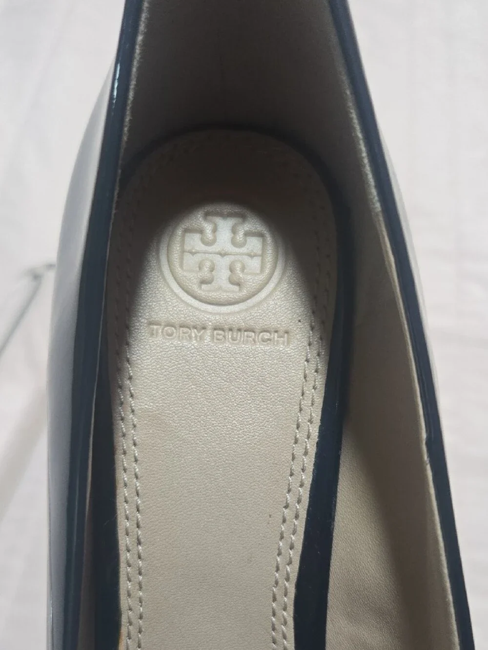 Tory Burch Navy Patent Peep-Toe Wedge with Gold Logo Accent